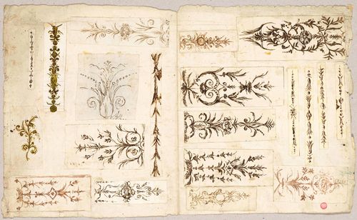 GROUP OF FOUR DRAWINGS: 1. French , 18th century. Design for ceiling stucco work. Pen and brush in grey. 17.5 x 49 cm. 2. French , 18th century. Designs for mirror frames. Grey pen, 26 x 41.5 cm. 3. French , 18th century. Studies of ornament. Mounted on backing sheet. Brown pen, with some brown brush, grey wash. Sheet size: 44 x 27 cm. 4. French , 19th century Design for a fountain with fish and design for fountain figures. Pen and brush in grey. 25.5 x 24 cm and 25.5 x 29.2 cm.