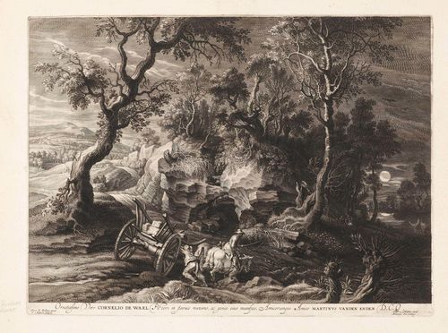 BOLSWERT, SCHELTE ADAMS (Bolsward 1586 - 1659 Antwerp).After Peter Paul Rubens. Landscape with horse and cart in the moonlight. From the series of small landscapes. Copper engraving, 32.5 x 44.5 cm. (Sheet size: 44.5 x 57.5 cm). Hollstein 309 IV (of V, with publisher Gillis Hendricx address). – Very fine, deep black and contrasting impression with broad margins around the plate edge. With smoothed central vertical fold. The margins with scattered defects, creases and traces of handling. With traces of former binding on left margin. Very good condition.