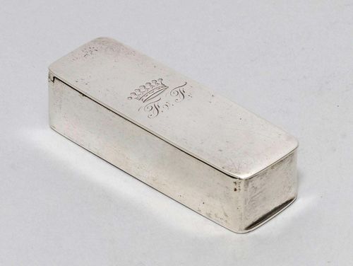 SMALL MATCH BOX,unmarked. Engraved with crowned initials. 6.8 x 2.4 x 1.8 cm, 57 g. Provenance: From the estate of Baroness Ingeborg-Dorothée of Fürstenberg.