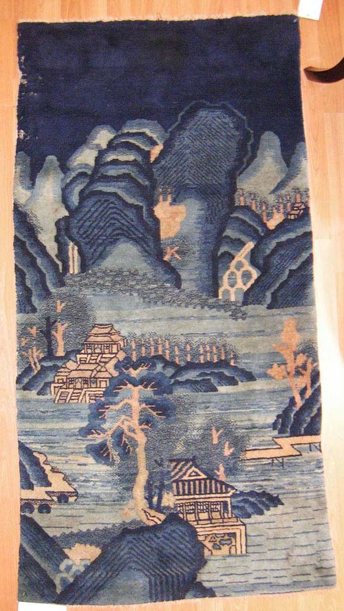 CHINA antique.Blue and beige with a river landscape, moth damage, 155x80 cm.