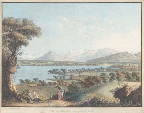 GENEVA.-Carl Ludwig Hackert, vers 1781.Vüe du Montblanc et une partie de Genéve. A Geneve chez Hackert et Linck. Etching with original colouring 35 x 46.5 cm. De Loës No.106. Gold frame. - Very attractive condition.