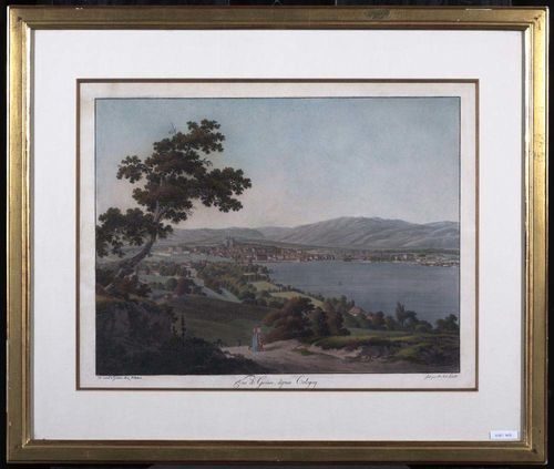 GENEVA.-Jean-Antoine Linck (1766-1843). Vue de Genève, depuis Cologny. Coloured etching with aquatint. 35.5 x 47.3 cm. Gold frame.