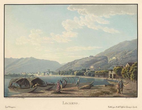 LOCARNO.-Locarno. Lago Maggiore. Original coloured aquatint etching. 19.5 x 27.5 cm. Dessiné d'après nature par J.J. Wetzel, gravé par C. Rordorf. Publié par Orell Fussli & Comp. à Zurich. - With full margin and almost untouched condition. Very rare.