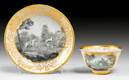 FEINES KOPPCHEN UND UNTERSCHALE MIT AUGSBURGER HAUSMALEREI, Meissen, um 1725.