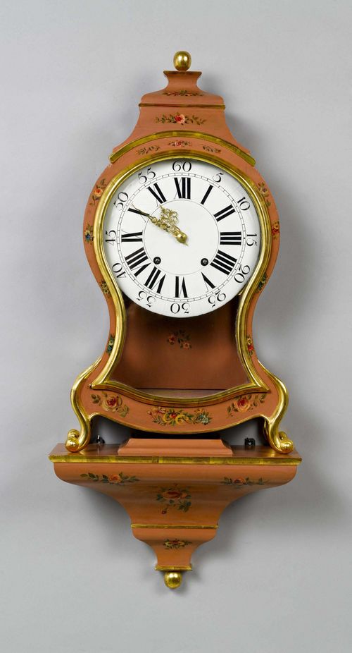 PAINTED CLOCK ON PLINTH,Louis XVI, Neuchâtel, the movement signed LES FRÈRES DU COMMUN DIT VÉRON À LA CHAUX-DE-FONDS. Curved case, painted with flowers on a pink ground. Enamel dial "en cuvette". Movement with verge escapement striking the 1/2-hour on bell. H 84 cm. Case, strongly altered. Plinth, later.