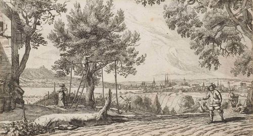 ZURICH.-Conrad Meyer (1618-1689). Ansicht von Zürich im Herbst. (Zurich in autumn) "Herbstblatt" from the series of New Year prints from the Burgerbibliothek Zürich for the years 1646/49. Etching, 13.5 x 24 cm (image). Framed. - Framed.