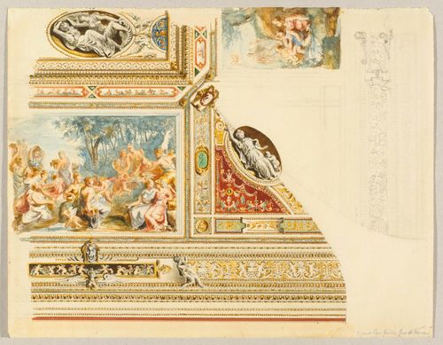 ITALIAN, 19TH CENTURY.Study after a ceiling decoration in Villa Giulia Rome (?). Pencil, grey, brown and red pen, watercolour. 31 x 40 cm. Inscribed in pencil on lower margin: Vigna di Papa Giulio. Giov. da Udine.