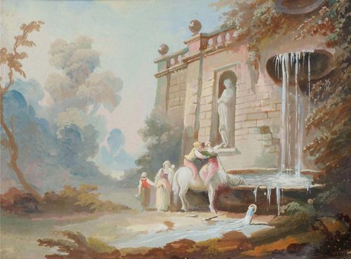 ITALIAN.Anonymous, circa 1800. Antique fountain with visitors, three of which on horseback. Gouache, heightened with white. 10.5 x 14.5 cm. Old frame.