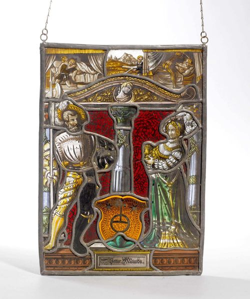 STAINED GLASS "WELCOME", in the Renaissance style, 19th century. Glass, polychrome painted and leaded. Rectangular. Depiction of a husband and wife with family coat-of-arms. Banner at the bottom: "Peter Mutarda". 33.5x24 cm. Cracks.