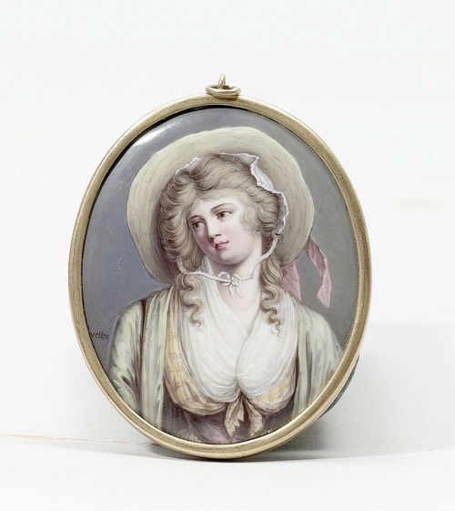 HALF-PORTRAIT OF A YOUNG LADY, Switzerland, signed VELLEN (Velin, Thimothee Daniel 1767-1824). Enamel painting on porcelain. Oval. 5.5x4.6 cm.