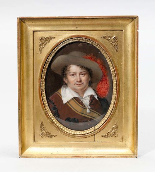 PORTRAIT OF A MAN, 19th century, in the style of the Renaissance. Oval half-portrait of a man wearing a hat. 15.3x11.5 cm.