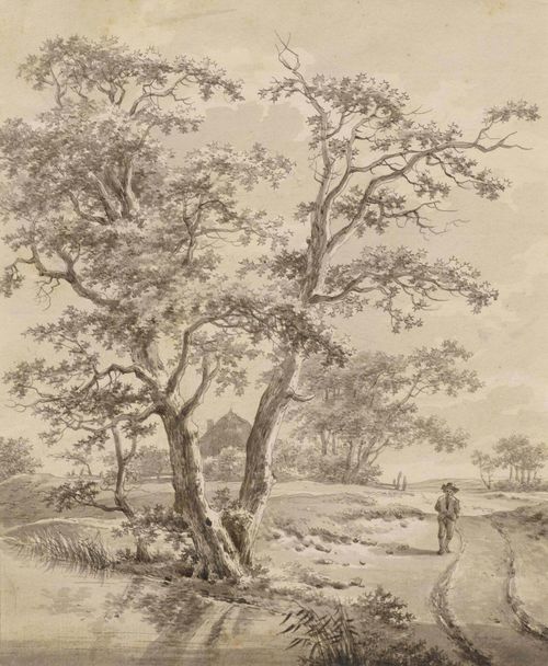 DUTCH, 18/19TH CENTURY.Broad landscape with tree by the water and a path with passers-by. Pen and brush in grey over black crayon. On laid paper, without watermark. 24.7 x 19.7 cm. Verso old inscription in pencil: Van Brussel te Utrecht. Framed.