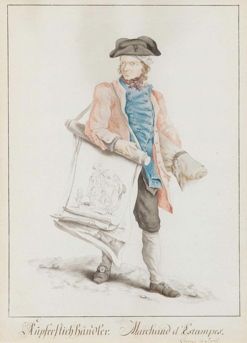 STROBL, THERESE (active in 18th century).Der Kupferstichhändler (The print dealer), circa 1770/80. Grey pen with watercolour, 36.5 x 26 cm. With black pen outer line. Titled in brown pen below the image: Kupferstichhändler: Marchandd'Estampes. Signed lower right: Therese de Strobl. Gold frame.