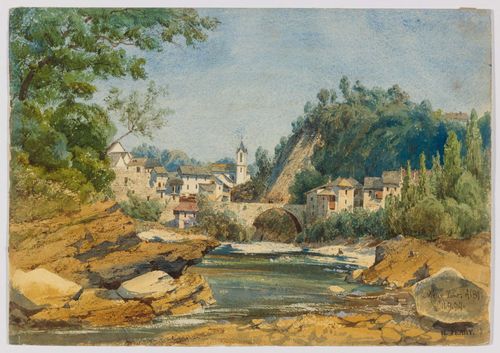 TERRY, HENRY JOHN (Great Marlow 1818 - 1880 Lausanne).View of Alby sur Chéran. Watercolour. 25.8 x 36.6 cm. Inscribed, signed and dated lower right: Le Vieux pont Alby. 11.9.64. Stamped: H.Terry.