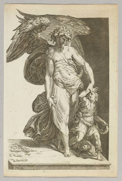 ALBERTI, CHERUBINO (Borgo San Sepolcro 1553 - 1615 Rome).Tobias and the angel, 1575. Etching, 31.7 x 21.2 cm. Bartsch XVII 70.58. Pub by Ni. van Aelst. – Strong, clear impression with small margin around the plate edge. Good condition.