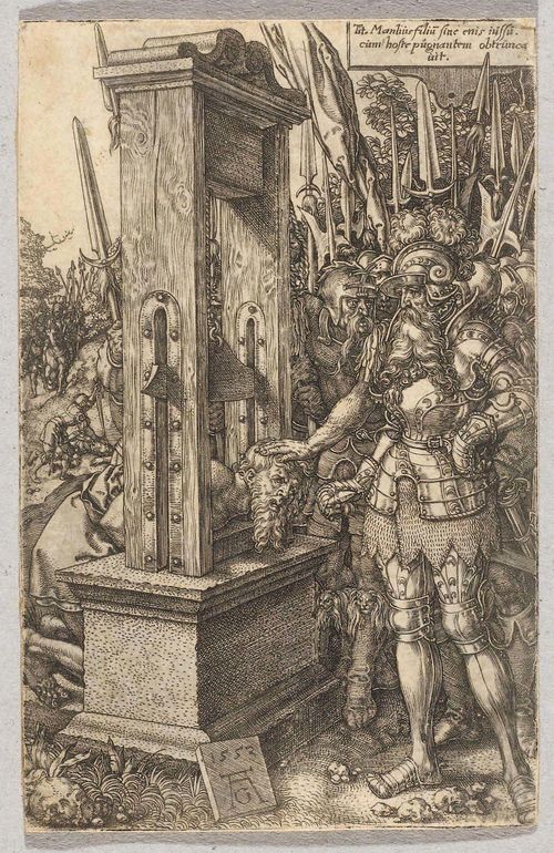 ALDEGREVER, HEINRICH (Paderborn 1502 - 1561 Soest).Titus Manlius lässt seinen Sohn enthaupten, 1553 (Titus Manlius has his son beheaded). Copper engraving, 11.4 x 7.4 cm. Bartsch/Hollstein 72. – Trimmed to the outer line, which is mostly visible. Even browning. The upper left corner slightly creased. Verso remains of old mount. Overall good condition.