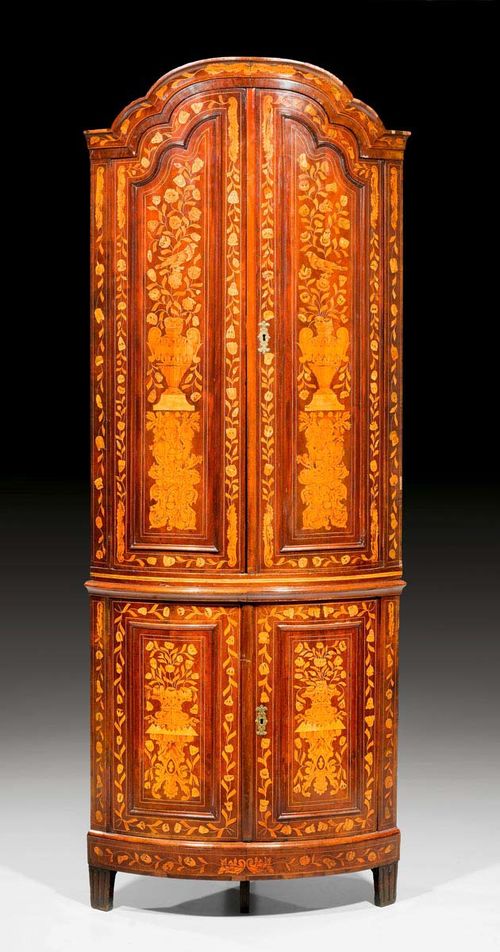 CORNER CUPBOARD "A FLEURS", Baroque, Holland, 18th/19th century. Mahogany and partly dyed precious woods in veneer, exceptionally finely inlaid with flowers, leaves and frieze. 86x60x231 cm.