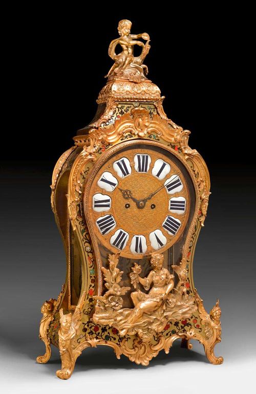 BOULLE CLOCK, Regence/Louis XV, Paris circa 1730. Ebonized wood with Boulle marquetry in brass, brown and colored tortoiseshell, and mother of pearl. Relief-decorated brass dial with 12 enamel cartouches. Anchor escapement striking the 1/2 hours on bell. Gilt mounts and applications. 39x18x79 cm.