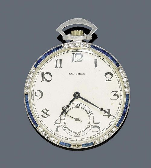 SAPPHIRE AND DIAMOND POCKET WATCH LONGINES ca. 1926. Platinum