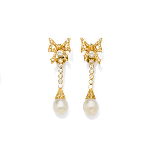 PEARL AND DIAMOND EARRINGS, GÜBELIN. Yellow gold 750. Each with 1 pear-shaped South Sea cultured pearl of ca. 13 x 11 mm, and numerous diamonds weighing ca. 1.70 ct in total. L ca. 5 cm.