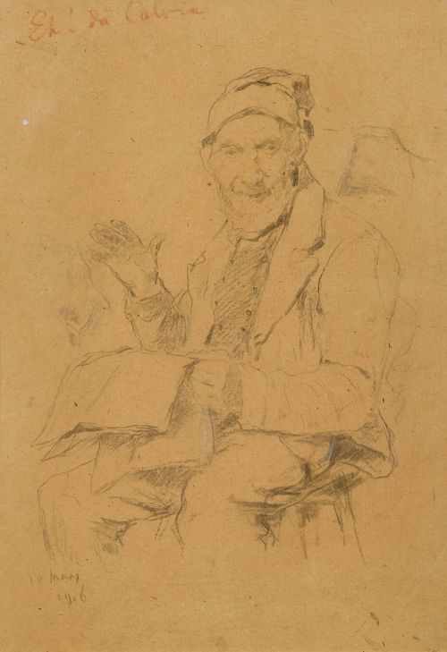 ANKER, ALBERT (1831 Ins 1910).Sitzender älterer Mann, die Zeitung lesend (Old man seated, reading a newspaper). 1906. Black chalk on brown paper. 38.7 x 26.6 cm (image). Inscribed upper left in red chalk: Eh! da Calvia. Dated lower left: 10 mars. 1906. Framed. 38.7 x 26.6 cm (image). Framed.