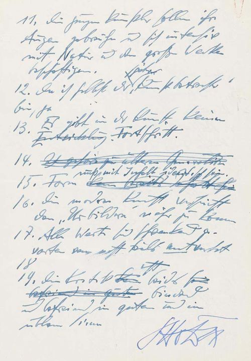 KUNST - Dix, Otto. Maler u. Grphiker, 1891-1969. Eigenhändiges Manuskript in Tinte mit Unterschrift, Ohne Ort u. Jahr. 2 S. auf 1 Bl. 4°. (29,5x20,8 cm). Enthält aufschlussreiche, persönliche Betrachtungen über die Kunst in 19 aphoristischen Sentenzen, z.B. "Ismen sind Schubfächer für Dumme… Abstrake Elemente sind in jeder Kunst, sog. gegenstandslose Kunst ist ein neues Kunstgewerbe… Es gibt nur realistische Kunst… Es gibt in der Kunst keinen Fortschritt… Die moderne Kunst versucht den ‚Urbildern' näher zu kommen" etc.- Unterschrift in anderer Tinte u. 1 Korrektur in Kugelschreiber wohl etwas später. War gefaltet.