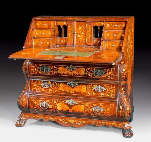 BUREAU WITH FLORAL MARQUETRY, late Baroque, Holland, 19th century. Mahogany, walnut and various precious woods, some dyed, richly inlaid on all sides with flowers, birds and frieze. The shaped chest with ball and claw feet, a fall front writing surface lined with green gold-stamped leather over 3 drawers. The fitted interior with central door between extending pilasters, 3 small compartments between drawers and a secret compartment. Gilt bronze mounts. 118x57x108 cm. Provenance: from a Roman collection