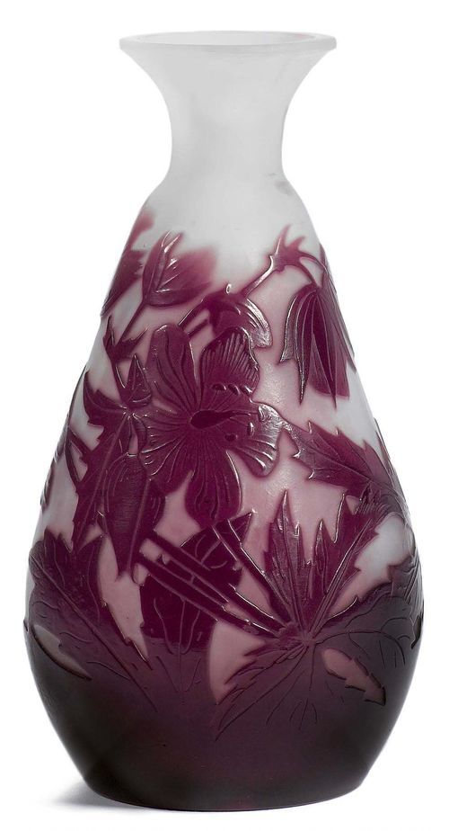 EMILE GALLE VASE, c. 1900 White glass overlaid in violet with etched decoration. Signed Gallé. H. 11.5 cm.