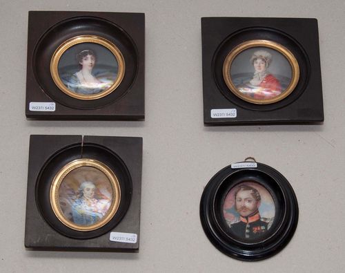 LOT OF 4 PORTRAIT MINIATURES, 18th/19th century. Mixed media on ivory. Half-length portrait of Frau von Dietrich, signed "Kaltner (Joseph, Nymphenburg 1758 - 1824)". Half-length portrait of Anne Françoise de Harcourt. Portrait of an officer and of a young lady with brown curly hair. All framed. Provenance: Château d'Allaman, Pays de Vaud, Switzerland