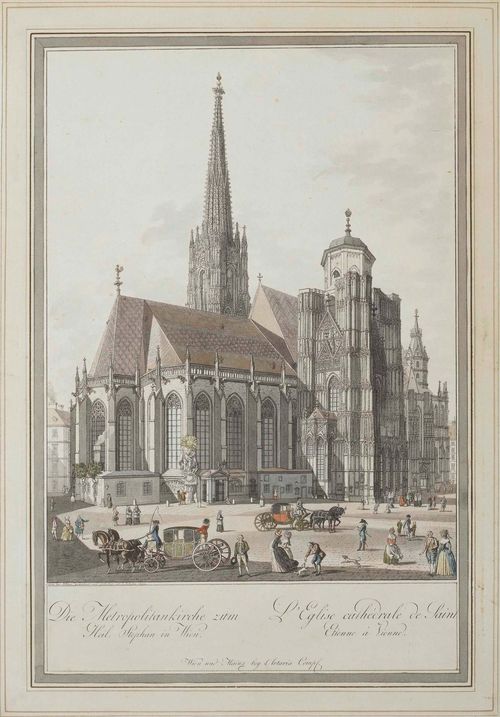 VIENNA.- Carl Schütz (1745-1800). St Stephens, Vienna. Outline etching with original colour, 44.5 x 31.5 cm. Vienna, Artaria 1792. Nebehay-W. 671/51; Schwarz 51 1. State  (of 5). Old frame from the period. Old mount with pen and watercolour. Minor foxing and browning. Somewhat faded. Overall good condition.