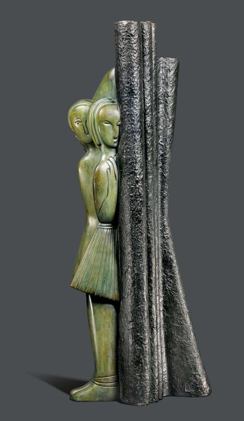JEAN LAMBERT-RUCKI (1888-1967) SCULPTURE, circa 1930 Bronze with green and black patina. 2 female figures behind a curtain. Signed J. Lambert-Rucki and foundry mark Cire Perdue, C. Valsuani. H 52 cm.