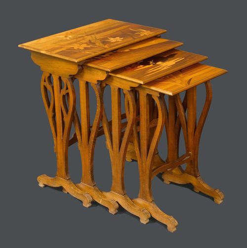 EMILE GALLE 4 SIDE TABLES, circa 1910 Fruit woods, carved and inlaid. The table tops decorated with flowers, a landscape and cats. Signed Gallé. H 71 cm. W 58 cm.