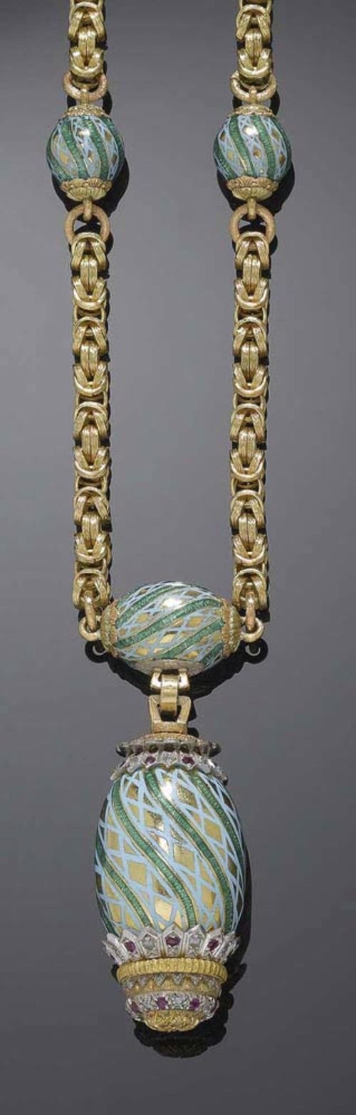 GOLD, ENAMEL AND GEMSTONE SAUTOIR, E. MEISTER. Yellow gold 750. Elegant, decoratively structured classic chain with oval and round intermediate beads decorated with green and light-blue cloisonné enamel, the large pendant is additionally adorned with numerous small diamond roses and rubies. L ca. 86 cm.