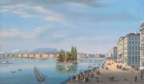 GENEVA.-Blick von dem Quai de Bergues auf die Altstadt von Geneva, circa 1850. Gouache with opaque white, 25 x 42 cm. - Minor rubbing in the top of the picture and slightly dusty in that area. Verso slight foxing. Overall attractive condition.