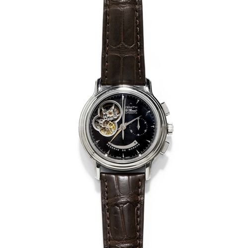 GENTLEMAN'S WRISTWATCH, CHRONOMASTER, EL PRIMERO, ZENITH. Steel. Ref. 03.0240.4021/72.C496. Polished case with exhibition back. Dark brown, textured dial with window displaying the movement, silver-coloured appliqued indices and hands, 30-minute counter at 3h, small second at 9h, power reserve at 6h. Automatic, Cal. 4021. Brown leather band with fold-over clasp. D 40 mm. Unworn, with case and warranty.