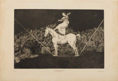 GOYA, FRANCESCO DE (Fuendetodos 1746 - 1829 Bordeaux).Una Reina del Circo. From: Disparate Puntual. 1877. Etching with aquatint on handmade paper. 24 x 35.5 cm. Delteil 221, Harris 267 III. - Strong, even and clear impression with full margin. Overall slightly browned and minor foxing in the margins. Overall good condition.