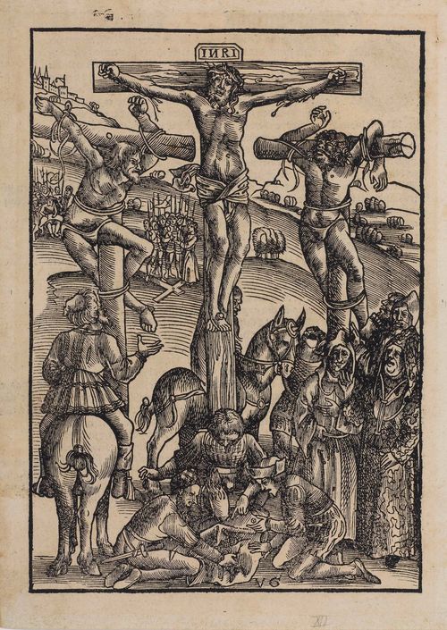 GRAF, URS (Solothurn, circa 1485 - before 1528).Christ on the Cross between the thieves. Circa 1506. From the Passion. Wood cut, 22.1 x 15.4 cm. Bible print, verso with German text. Bartsch 2-t (459). - Very fine, deep black, even and clear impression with margin (ca. 1.5 cm) around the outer line. Very good condition. - Provenance: Unknown collector's stamp verso, not in Lugt.