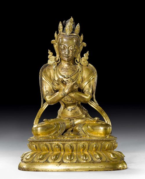 A GILT BRONZE FIGURE OF VAJRADHARA. Tibeto-chinese, 18th c. Height 16.5 cm.