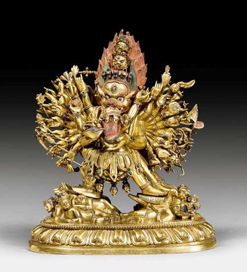 AN IMPRESSIVE GILT BRONZE FIGURE OF VAJRABHAIRAVA YAMANTAKA. Mongolia, 18th c. Height 17.5 cm.