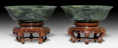 TWO GREY-GREEN JADE BOWLS.