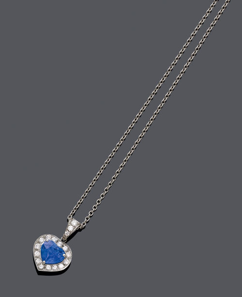 SAPPHIRE AND DIAMOND PENDANT WITH CHAIN, ca. 1960.