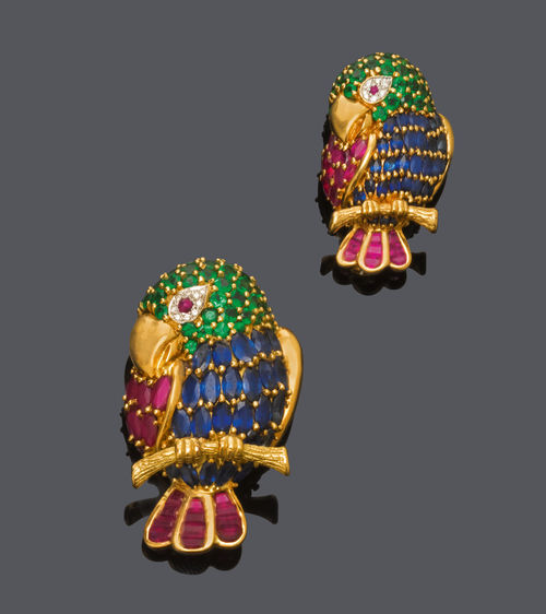 TWO GEMSTONE AND DIAMOND PARROT BROOCHES.