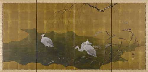 A FOUR-FOLD SCREEN (BYÔBU) DEPICTING HERONS AT A POND.