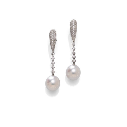 PEARL AND DIAMOND EAR PENDANTS.