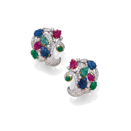 GEMSTONE AND DIAMOND CLIP EARRINGS.