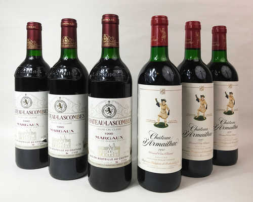 3 bts Margaux Ch. Lascombes 2ème Grand Cru Classé 0.75 L 1990; 3 bts Pauillac Ch. D'Armailhac 5ème Grand Cru Classé 0.75 L 1990