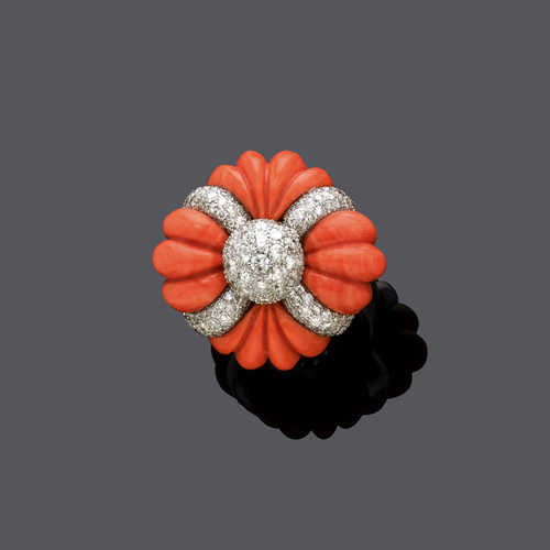 CORAL AND DIAMOND RING.