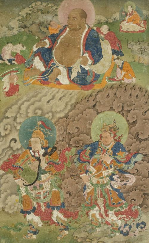 A THANKA OF HUASHANG, DHRTARASTRA AND VIRUPAKSHA. Tibet, 17th c. 73x45 cm. Framed under glass.
