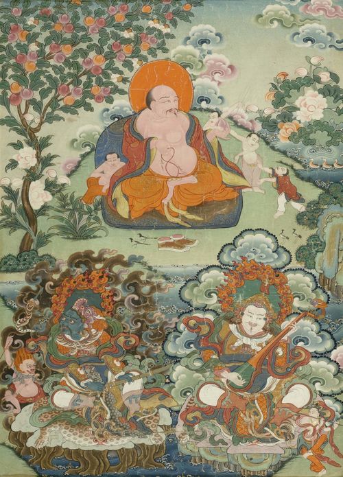 A THANKA OF HUASHANG WITH TWO LOKAPALAS. Tibet, 19th c. 60x42 cm. Without brocade. Framed under glass.