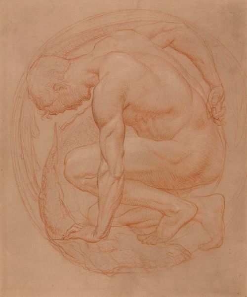 ENGLAND, CIRCA 1890 Kneeling male nude. Round format. Red and black chalk, heightened in white. On red wove paper with watermark. A.C.L. 32.8 x 27.8 cm. Framed.